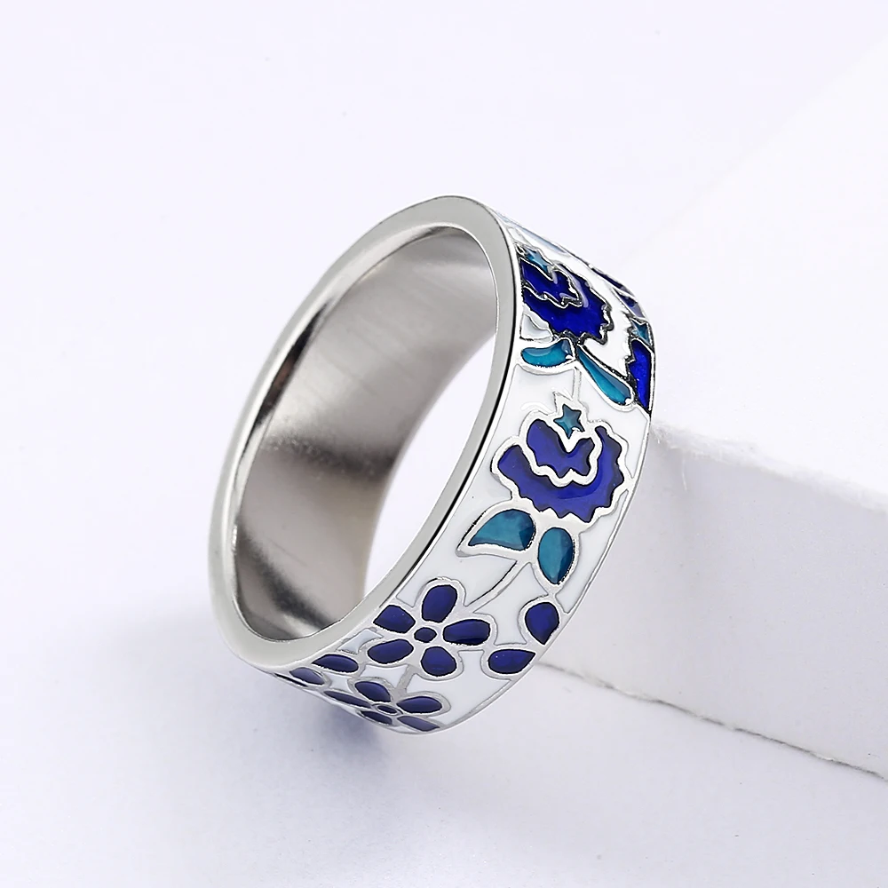 Women's Ring Blue Enamel Flower Ring Handmade Enamel Jewelry Wedding Bridal Fashion