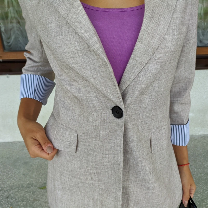 Women Blazer Oversize Khaki Black Casual Tops Autumn Spring Back Split Folded Cuff Single Button Long Sleeve Outwear