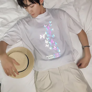 

EWQ / men's wear korean short sleeve male's fashion loose reflective printed T-shirt 2020 summer new black white tops 9Y2437