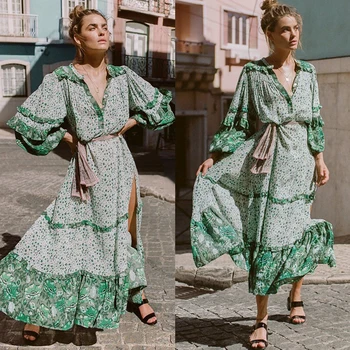 

Bohemian Fashion Sweet Long Dress Summer Women Ladies Long Lantern Sleeve Deep V-Neck Floral Print Ankle-Length Dress