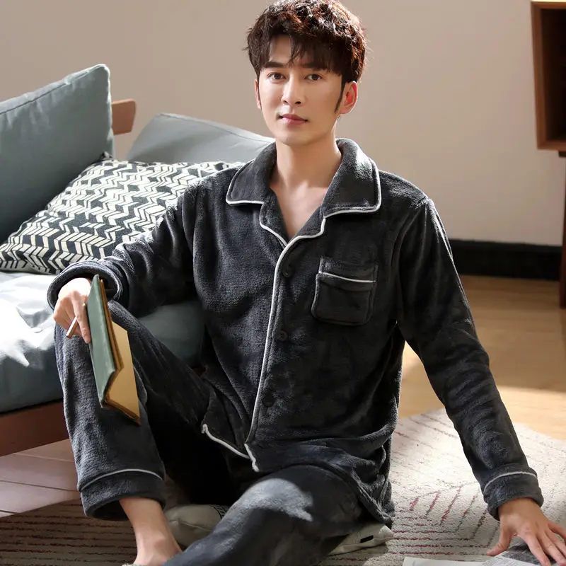 Winter Thick Warm Flannel Pajamas Set For Men Sleepwear Pyjamas Suit Home Clothing coral fleece warm pyjamas Winter Thick Warm Flannel Pajamas Set For Men Sleepwear Pyjamas Suit Home Clothing coral fleece warm pyjamas