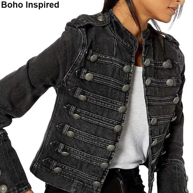 Boho Inspired Military-Style Denim Jacket black buttons supper chic jacket coat women casual jacket women winter chaqueta