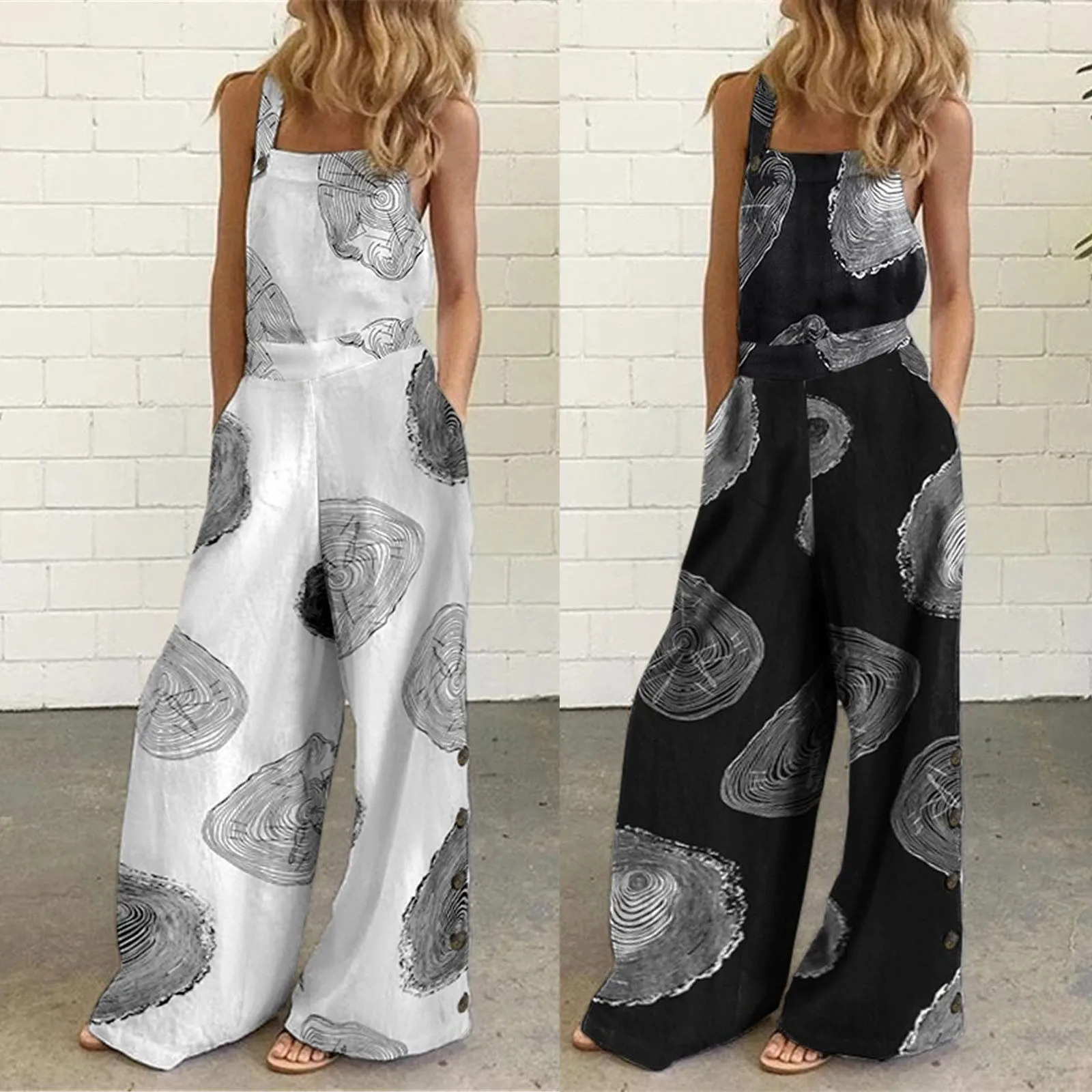 

Women's Bodysuit Sleeveless Overalls Jumpsuit Fashion Floral Print Summer Wide Leg Bib Pants Oversized Playsuits боди женское#L