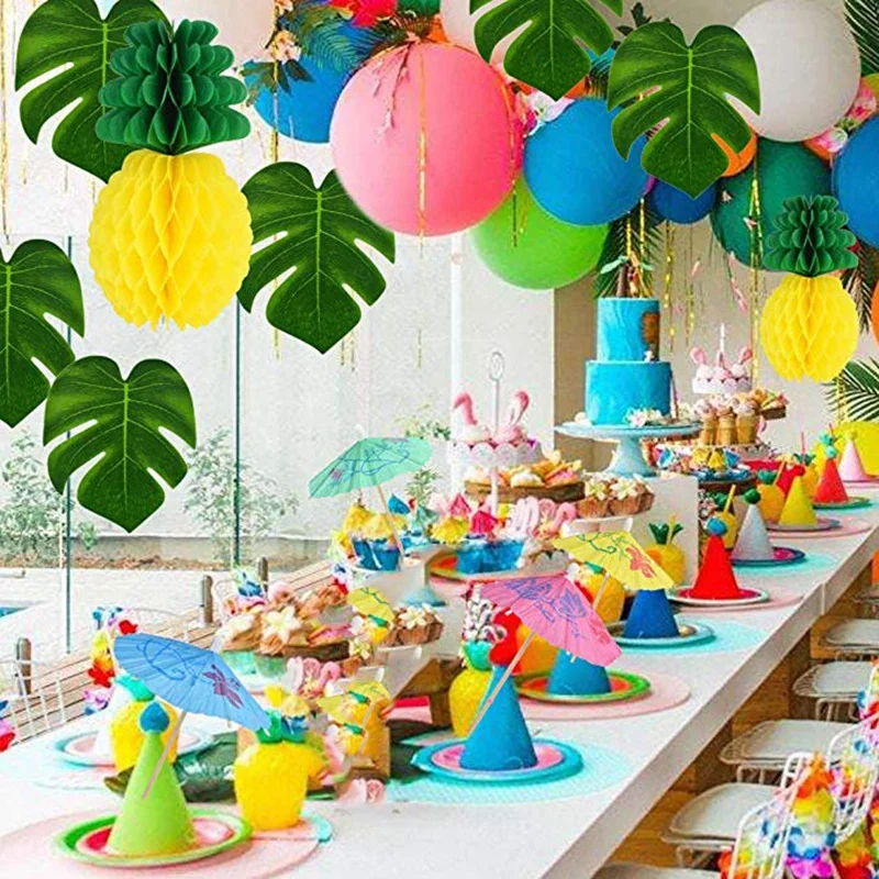 Best 150PCS Tropical Hawaiian Party Decorations Set Includes Tropical Palm Leaves Hibiscus Flowers Tissue Paper Pineapples Fruit
