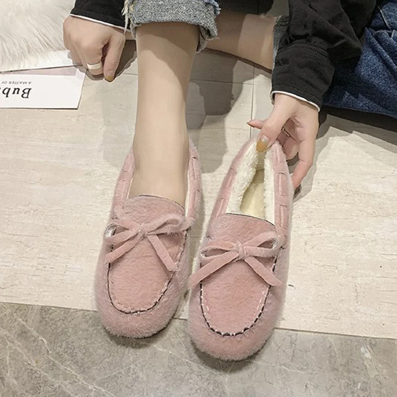 women Korean casual round toe shallow loafers winter warm lace-up bow-tied slip on moccasins brand sewing fur cotton shoes