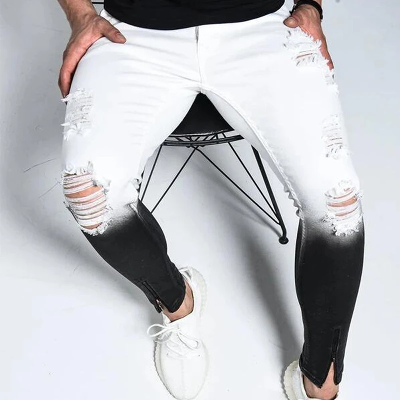 Pantalones vaqueros ajustados elásticos rasgados para hombre, ropa de calle con gradiente, color blanco y negro, # r