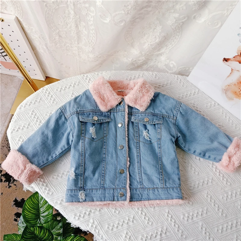 

New Korean 2-8 Years Old Kids Wear Winter Coat Girls Lambs Wool Denim Jacket Children Girl Plus Cashmere Jeans Jackets Coats