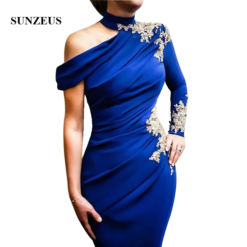 Королевский синий Свадебная вечеринка платье для выпускного вечера с золотой