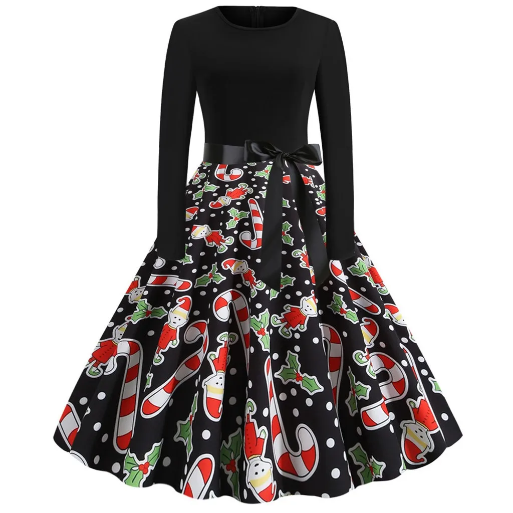Women Christmas Dress Swing Elegant Women Print Dress Party Dresses Long Sleeve Dress Vintage Women Dress Robe Plus Size Dress