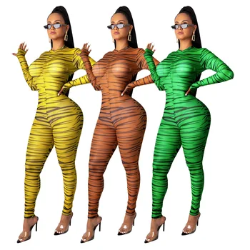 

Sexy Bodysuit Zebra-stripe Printed Full Sleeve O-neck Women Jumpsuits Party Streetwear Back Zip Skinny Ankle-length Romper Women