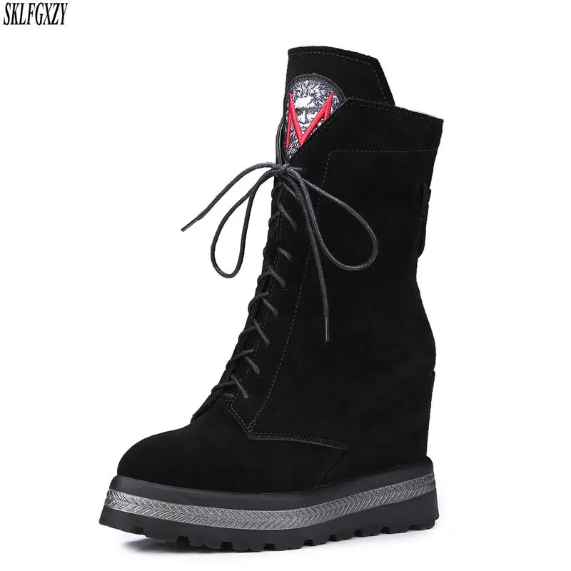 

Women Genuine Leather Wedge Heel Ankle Boots Universe Platform Warm Plush Increased Internal 9cm High Heel Shoes Winter Boots