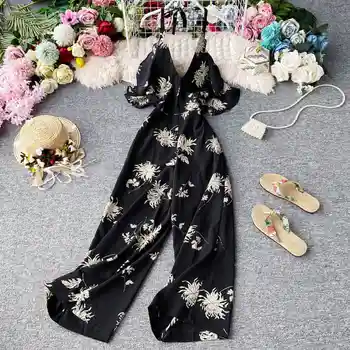

Sexy Spaghetti Strap Woman Jumpsuit Romper 2020 Elegant Floral Beach Women Bodysuits Loose Summer Overalls for Women
