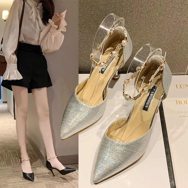 

Spring New Style Thin Heeled Pointed-Toe Straight-line Buckle Shoes Women's Metal Man-made Diamond Pearl High Heel Shoes Hallow