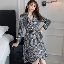 Новинка осень зима черный плед твидовое длинное пальто для женщин Хаундстут Двойной Dreasted пояса шерстяное пальто Русалка верхняя одежда