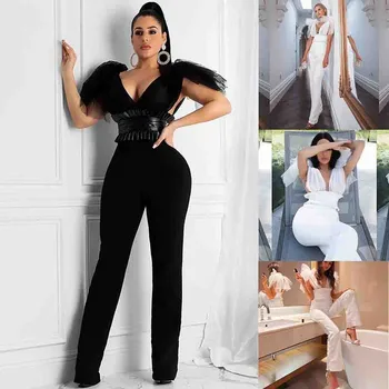 

2020 Women Solid Color Mesh Deep V Neck Overalls Women High Waist Sleeveless Elegant Lace Rompers Sexy Party Club Jumpsuits