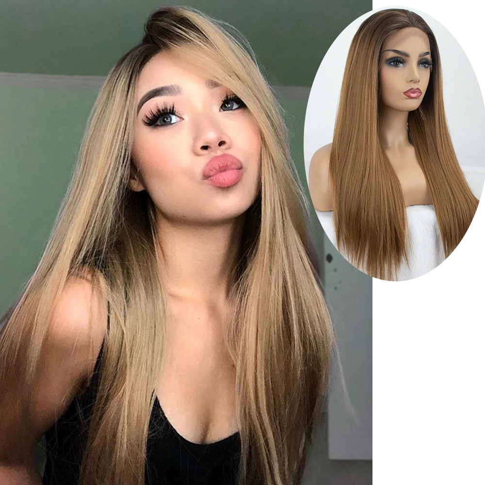 

13X6 Lace Front Wig Deep Part Space Ombre Honey Blonde Wig Long Straight Synthetic Lace Front Wigs For Women Heat Resistant
