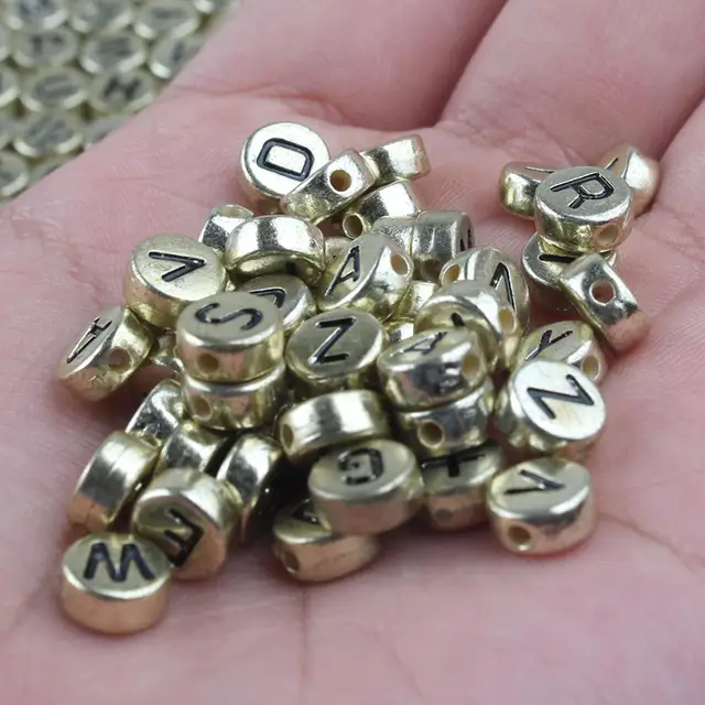Mixed Letter Acrylic Beads Round Flat Alphabet Digital Cube Loose Spacer Beads For Jewelry Making Handmade Diy Bracelet Necklace 4x7mm Gold
