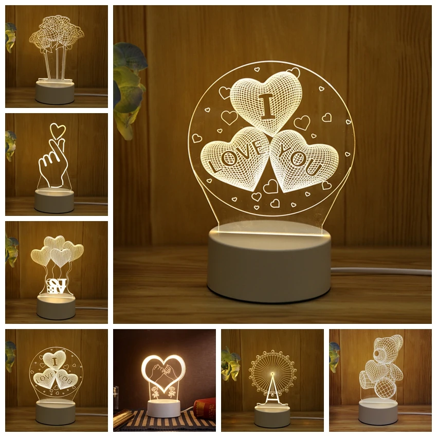 3D Romantic Love LED Night Light Acrylic Desktop Table Lamp Living Room Bedroom Bedside Lighting Decoration for Valentine Day | Освещение