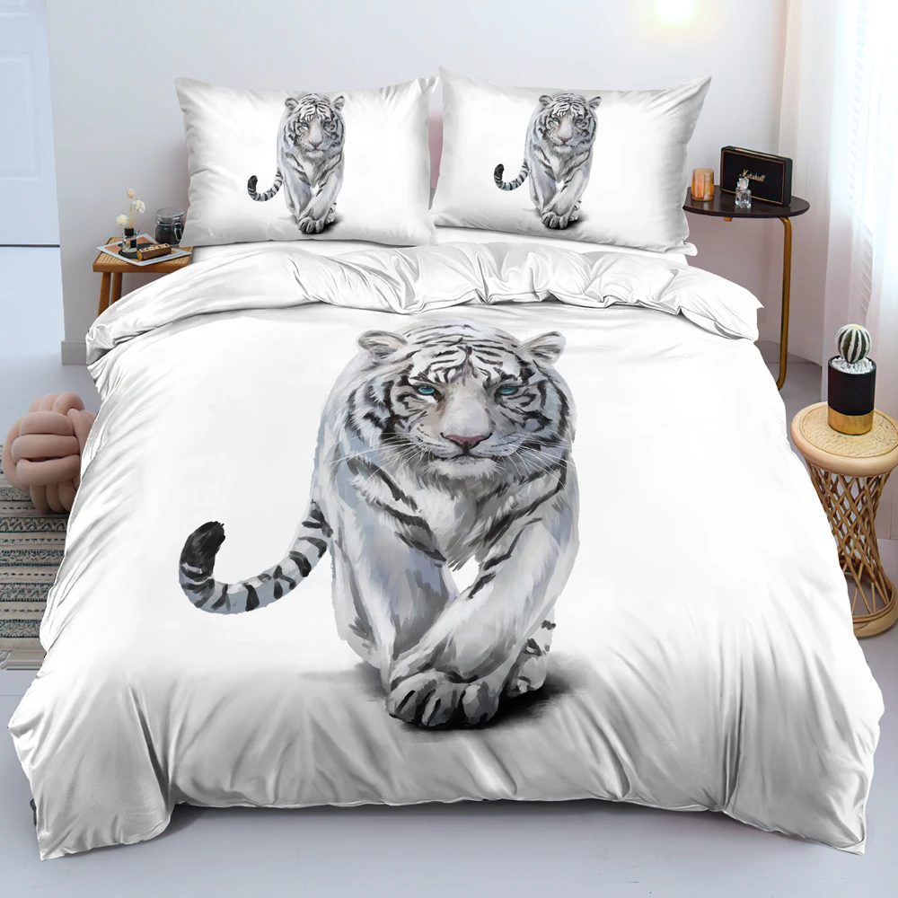 

Animal Bedclothes Custom Design 3D Tiger Duvet Cover Sets White Bed Linen Pillow Slips 203*230cm Full Twin Double Queen Size