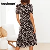 Aachoae Floral Print Elegant Dress V Neck Puff Sleeve Pleated Dress Women Summer Beach Dress Midi Wrap Sundress Robe Femme ► Photo 3/6
