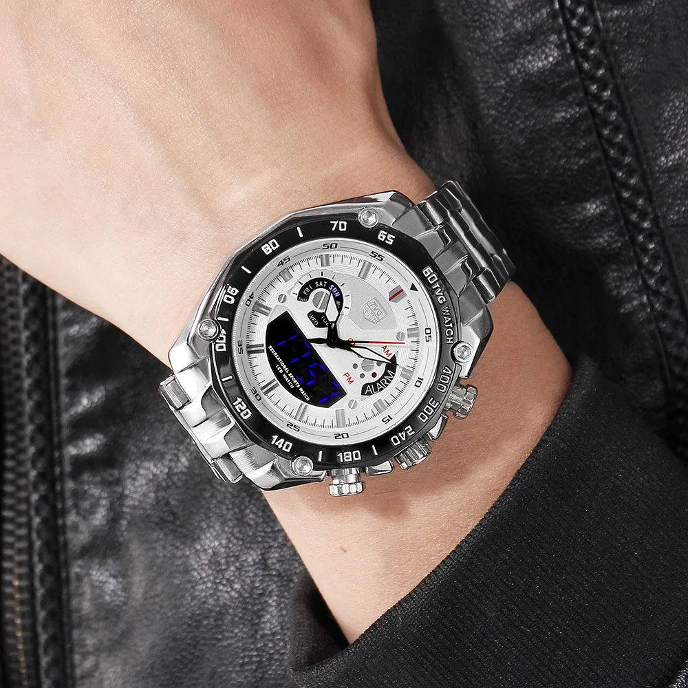 

Waterproof Sports Watch Multi-functional Men Night Light LED Watch Steel Belt Outdoor MEN'S Watch Support