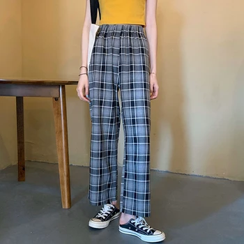 

Korean Plaid Pants Women Vintage Elastic High Waist casual loose pants women Spring Summer Trousers female pantalon femme