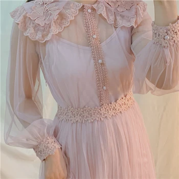 

2020 Spring New Peter Pan Collar Long Sleeve Lace Dress Transparent Mesh Fairy Dress Sweet Pleated Midi Dress Vestidos