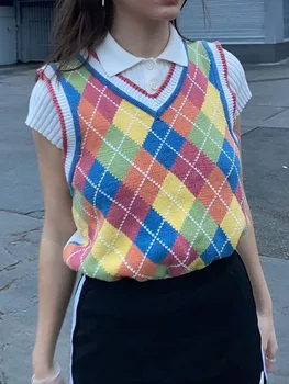 

Girls Rainbow Knitted Plaid Sleeveless Tank Tops V Neck Cute Cropped Streetwear Preppy Style Knitwear Sweater Vest Autumn Tops