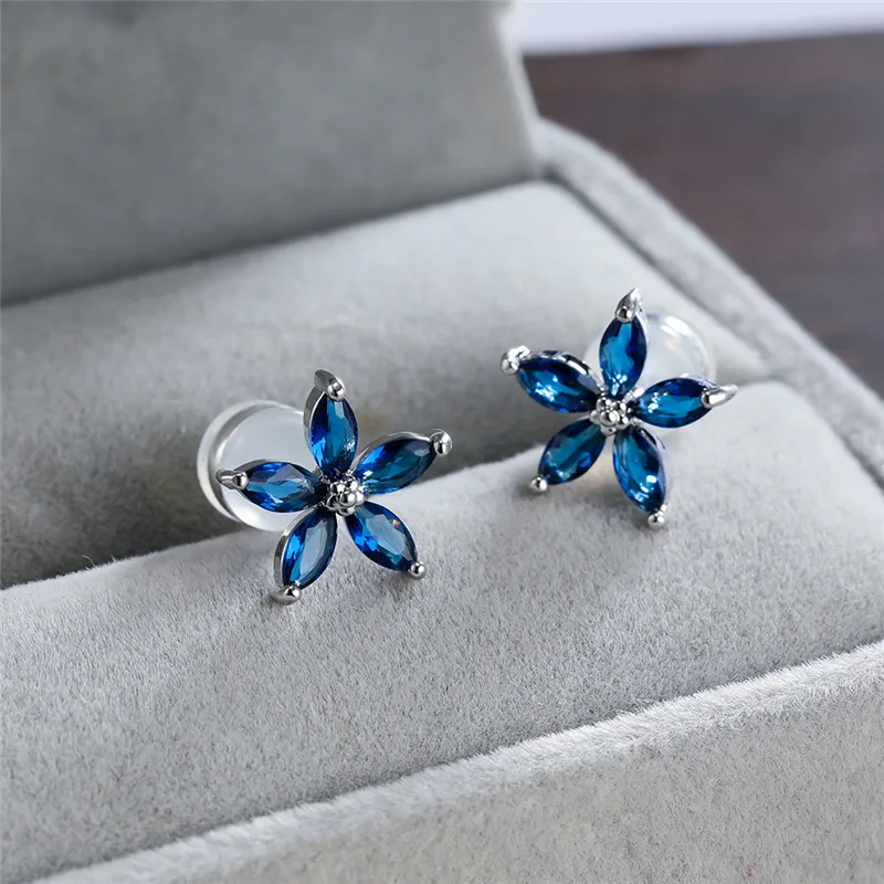 Blue Crystal Zircon Cute Star Small Stud Earrings Creative Pentagram Stone Earrings For Women Wedding Jewelry Girl Birthday Gift