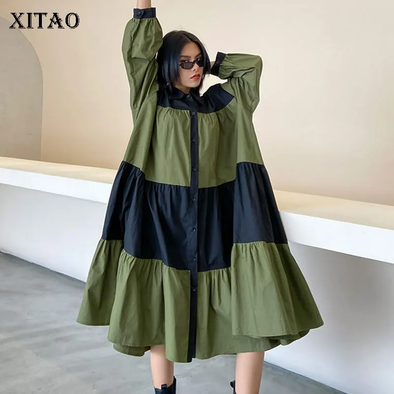 XITAO Patchwork Plus Size Dress Women Loose Fashion Simple Personality Turn Down Collar 2020 New Autumn Full Sleeve Dress ZP3455 XITAO Patchwork Plus Size Dress Women Loose Fashion Simple Personality Turn Down Collar 2020 New Autumn Full Sleeve Dress ZP3455