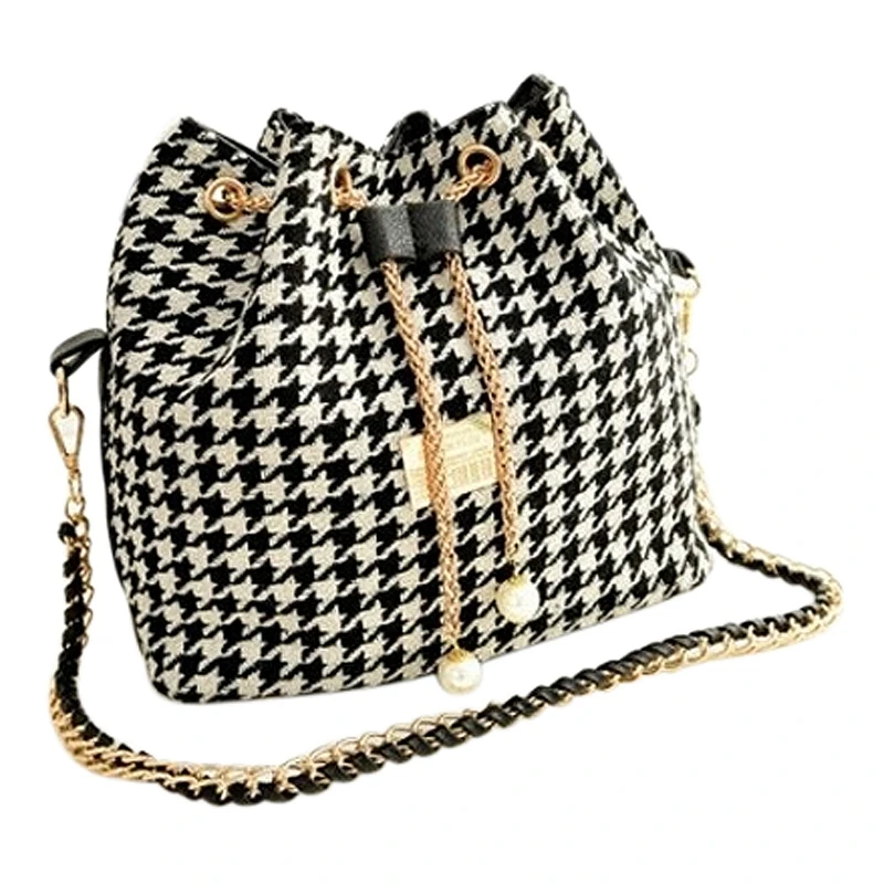

Women bag chains fashion bucket bag canvas patchwork women shoulder bag messenger bag women handbag-Black and white grid