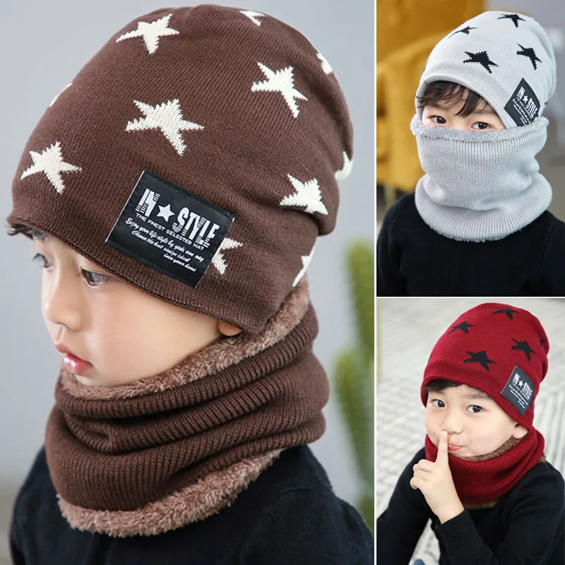 

1Pcs Knitting 48-54CM Scarf Set Woolen Hats Keep Warm Children's Hat Five-pointed Star 4-12 Years Old