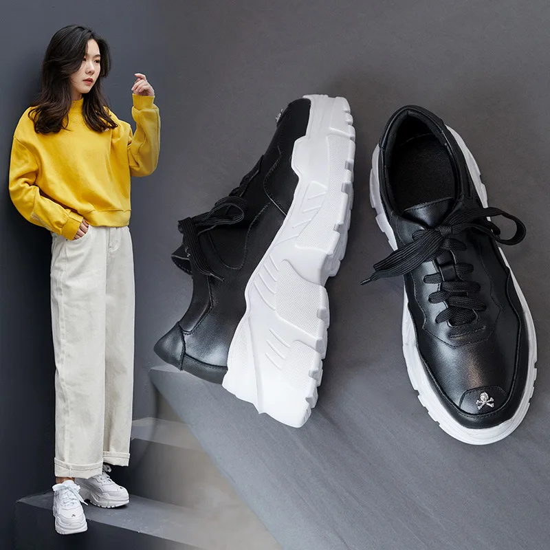 

2019 Spring New Style Ozhouzhan Genuine Leather Platform WOMEN'S Shoes Casual Sports Skull Dad Shoes Platform Shoes