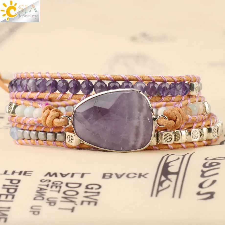 Amethyst CSJA смешанные природные камни кожаные браслеты для женщин богемный многослойный браслет из бисера ручной работы Плетение ювелирных изделий S473 - Окраска металла: Amethyst