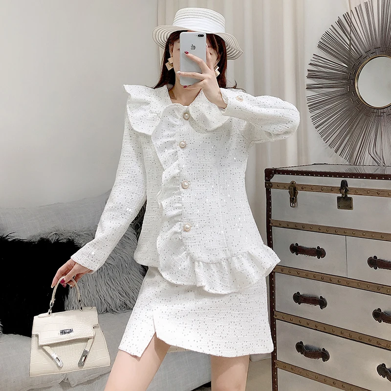 ALPHALMODA Блестящий твидовый милый кардиган с рюшами жакет + Асимметричная мини юбка