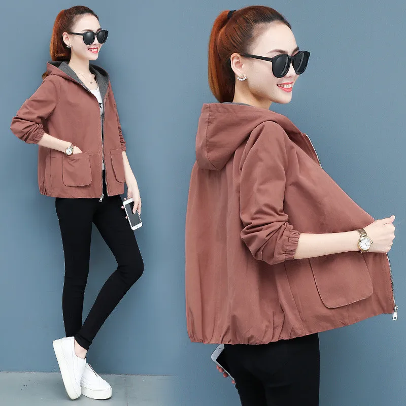 

Short-height Coat Women's 2019 Autumn New Cap Contrast Color Short Korean-style Large Size Slimming Casual Jacket Spring And Aut