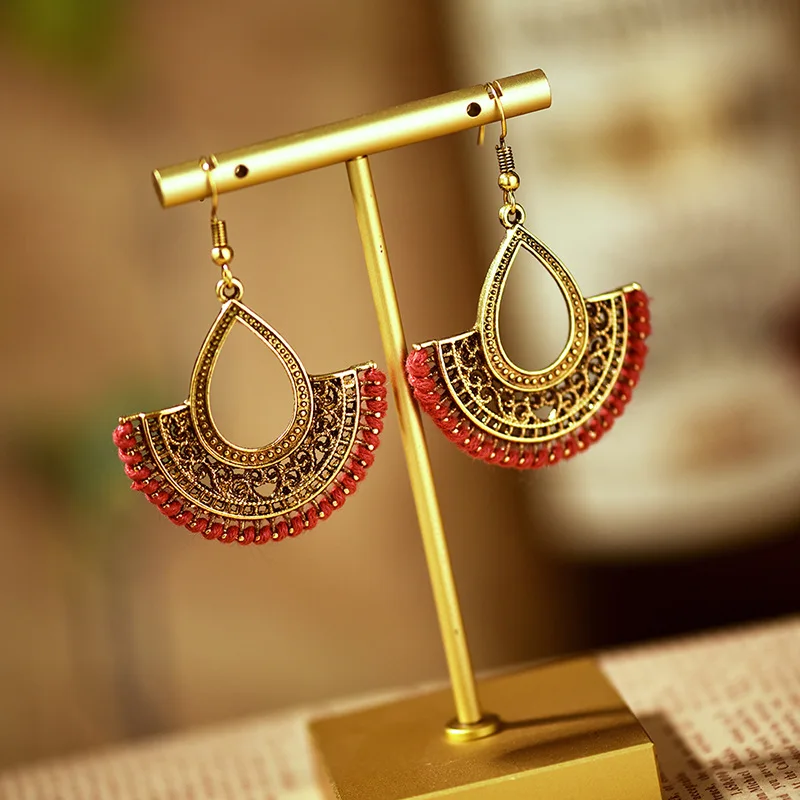 

Ethnic Gold Color Copper Geometric Earrings For Women Kolczyk Summer Boho Red Silk Dangle Earrings Bijoux