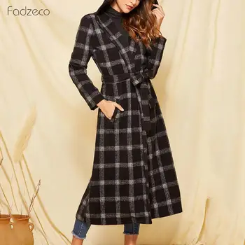 

FADZECO Female Black Plaid Hooded Sashes Long Jackets Women's Winter Jacket Ladies High Street Loose Wool Blends Cardigan
