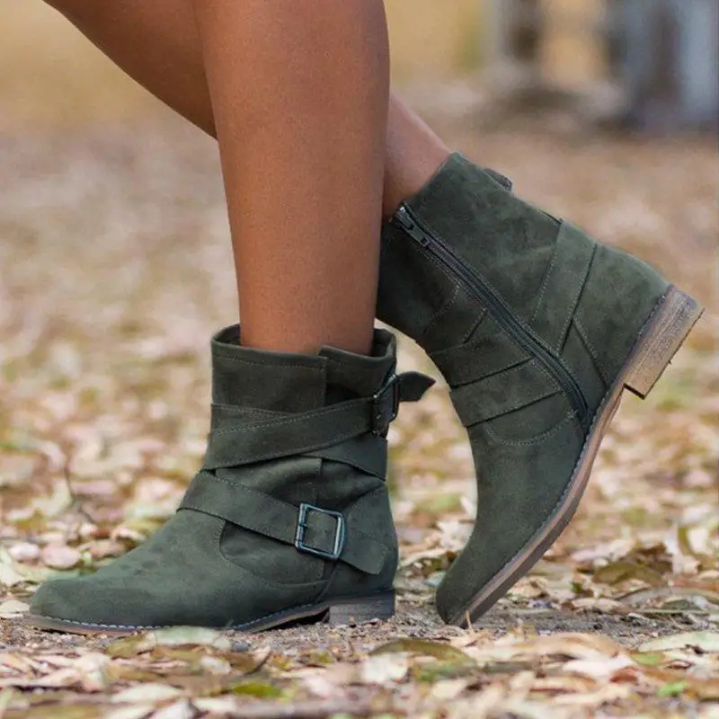 

Women Ankle Boots Flock Round Toe Buckle Strap Short Boots Retro Style Warm Zipper Non-slip Boots Shoes For Ladies Botas Mujer
