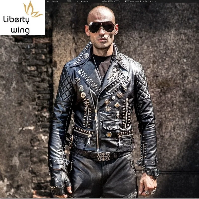 

2020 New Motorcycle PU Faux Leather Jackets Men Hip Hop Rivet Punk Style Lapel Fashion Zipper Coats Korean Slim Male Overcoats