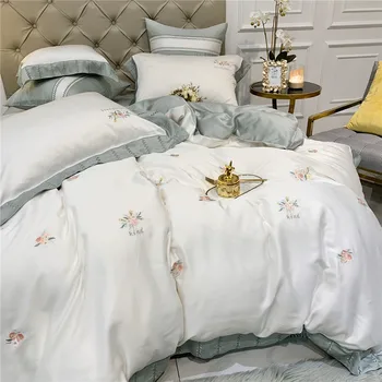 

2020 Spring and Summer New Products 60 Tencel Four-piece Set Flower Embroidered Summer Silky Sheet Quilt Cover Bare Sleeping Bed