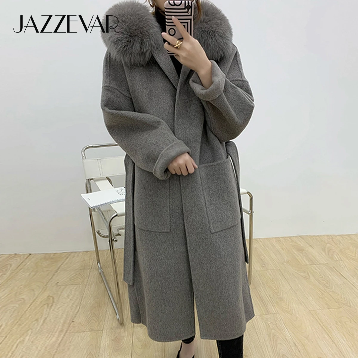 

JAZZEVAR 2022 Winter Casual Women Long Real Fox Fur Jacket Cashmere Double Faced Wool Outerwear Ladies Oversized Hooded Coats