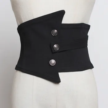 

[] Black Asymmetrical Button Split Wide Temperament Belt Personality Women New Fashion Tide All-match Spring 2020 1M845