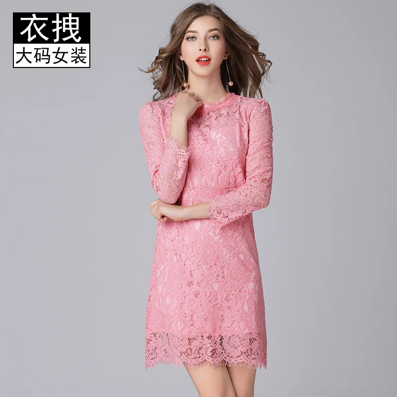 

Large Size Quality Lace Dress 2019 Spring And Autumn New Style Slimming Eyelash Contrast Color Lace Ozhouzhan Lace Dress