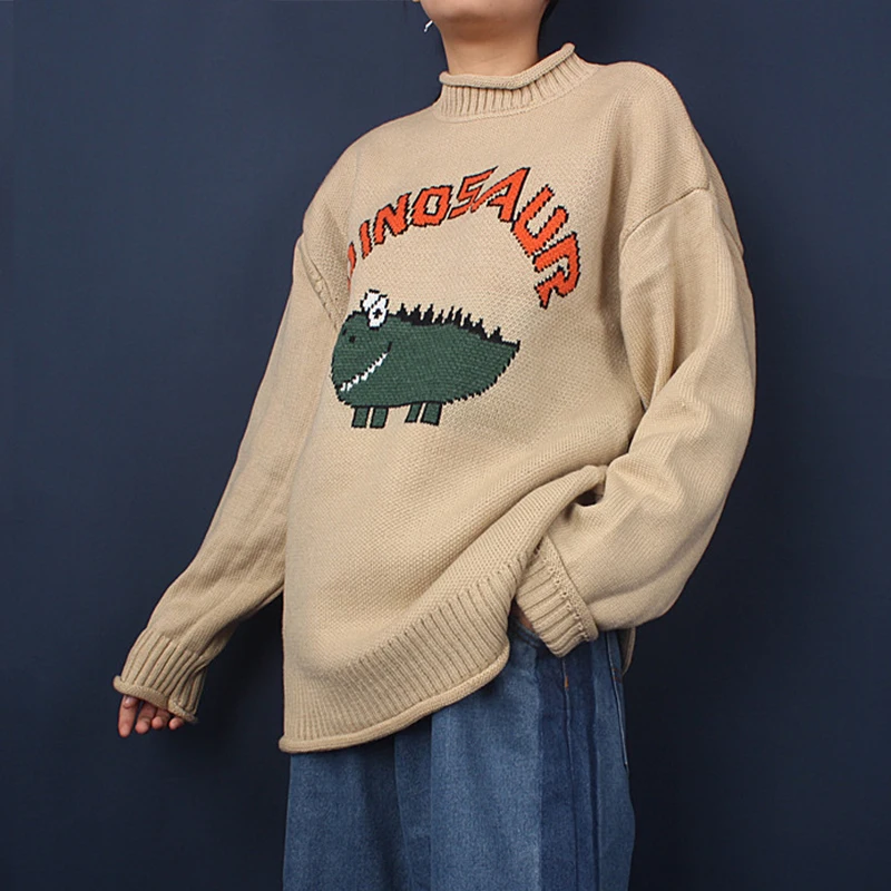 Dinosaur Lovely Sweater Men 2018 Winter Pullover Men's Sweaters Oversized Boy Student Sweater Black Khaki