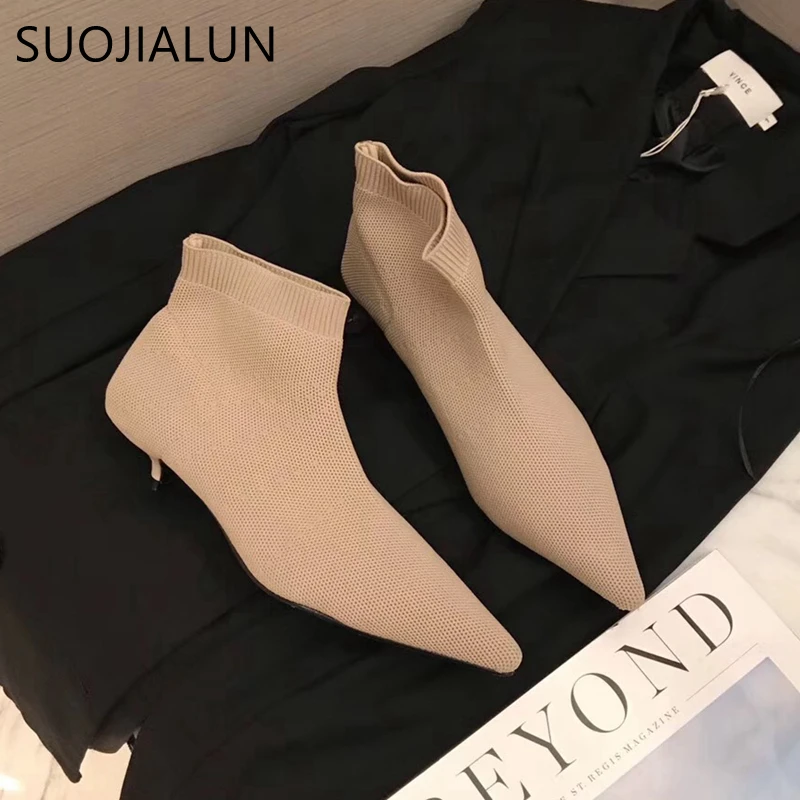 SUOJIALUN; женские эластичные вязаные ботильоны; Модные Ботинки martin с острым носком без застежки на низком каблуке; женские ботинки «Челси»