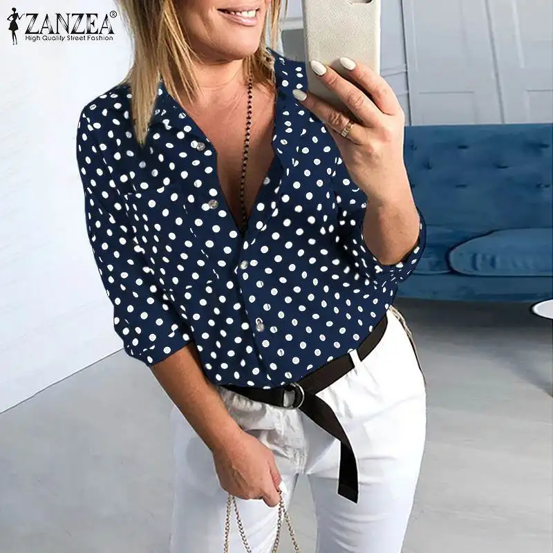 

ZANZEA Women Bohemian Blouse Polka Dot Print Shirt Casual Lapel Office Tops Ladies Vintage Buttons Down Shirts Blusas Femininas
