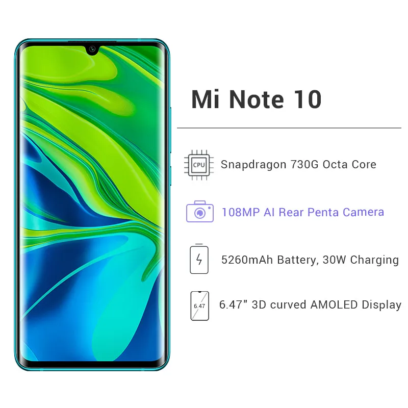 Глобальная версия Xiaomi Mi Note 10, 6 ГБ ОЗУ, 128 Гб ПЗУ, Смартфон Snapdragon 730G, 5260 МП, пента-камера, аккумулятор 6,47 мАч, дисплей дюйма