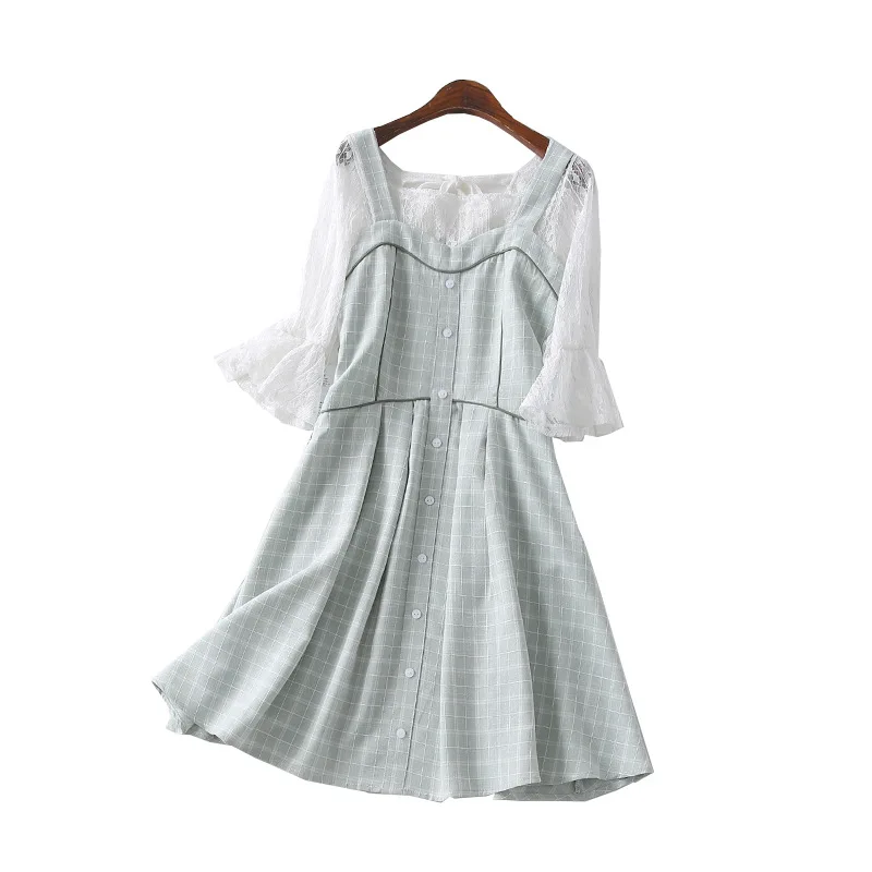 

A Generation by Age Slim Fit Hollow out Lace Shirt Plaid Strapped Dress Two-Piece Set Entity
