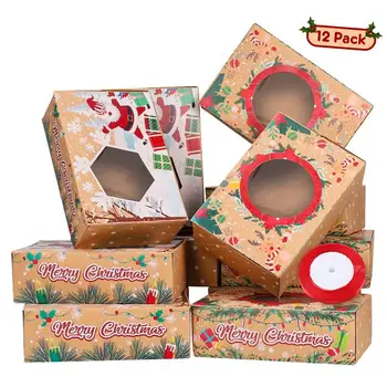 

12pcs Christmas Cookie Boxes Kraft Paper Boxes with 22m Ribbons Gift Boxes Candies Boxes for Christmas Party Holidays Banquets